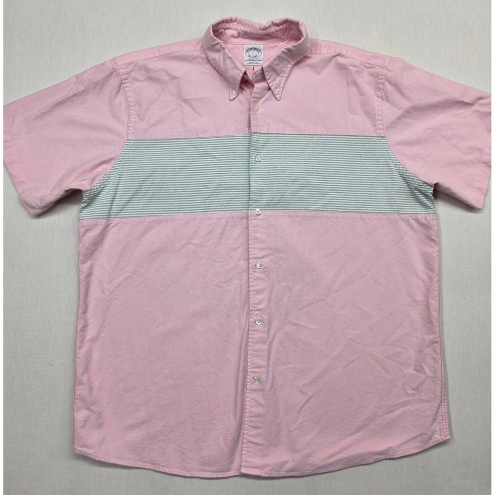 Brooks Brothers Regent Fit Shirt L Pink Blue Stripe Color Block Short Sleeve